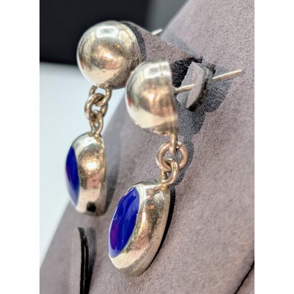 VTG Taxco Mexico Sterling Silver Lapis Lazuli Inlay 1.5" Long Dangle Earrings - Picture 2 of 6